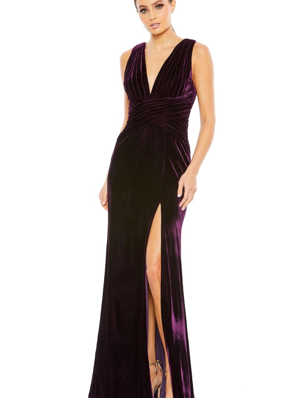 Mac Duggal Deep Plum Velvet V-Neck Evening Gown with Thigh Slit
